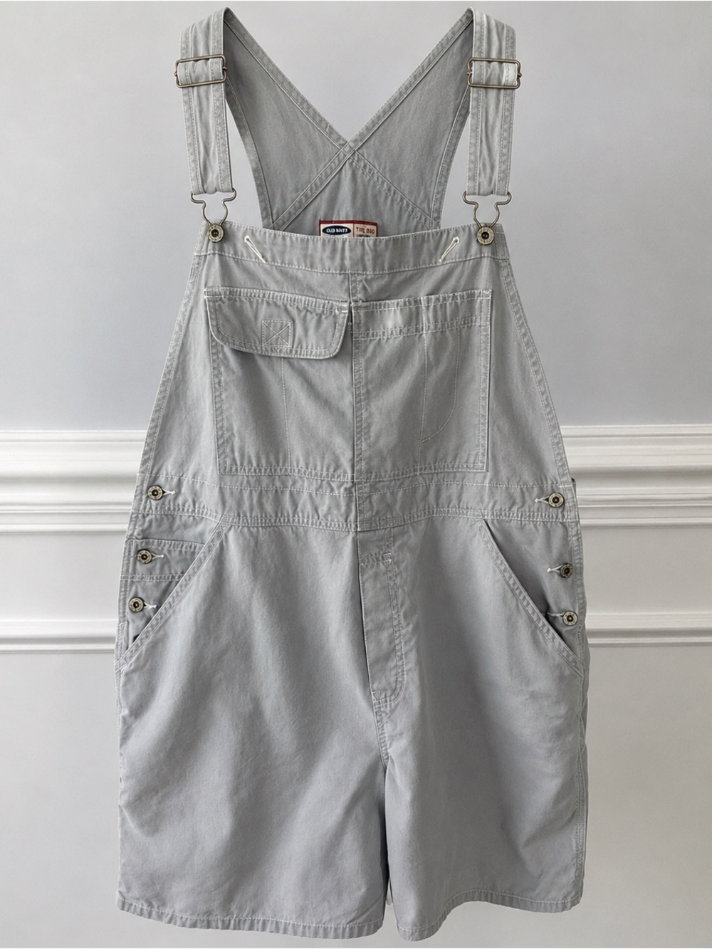 Old Navy Y2K Light Grey Shortalls Overalls Shorts Retro Bib Pockets Women's XL